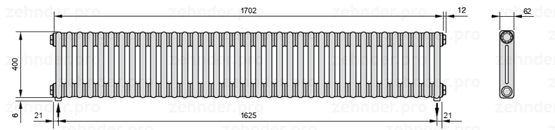 Схема (чертеж) Радиатор Zehnder Charleston 2040/37 №3570 Белый глянцевый RAL 9016